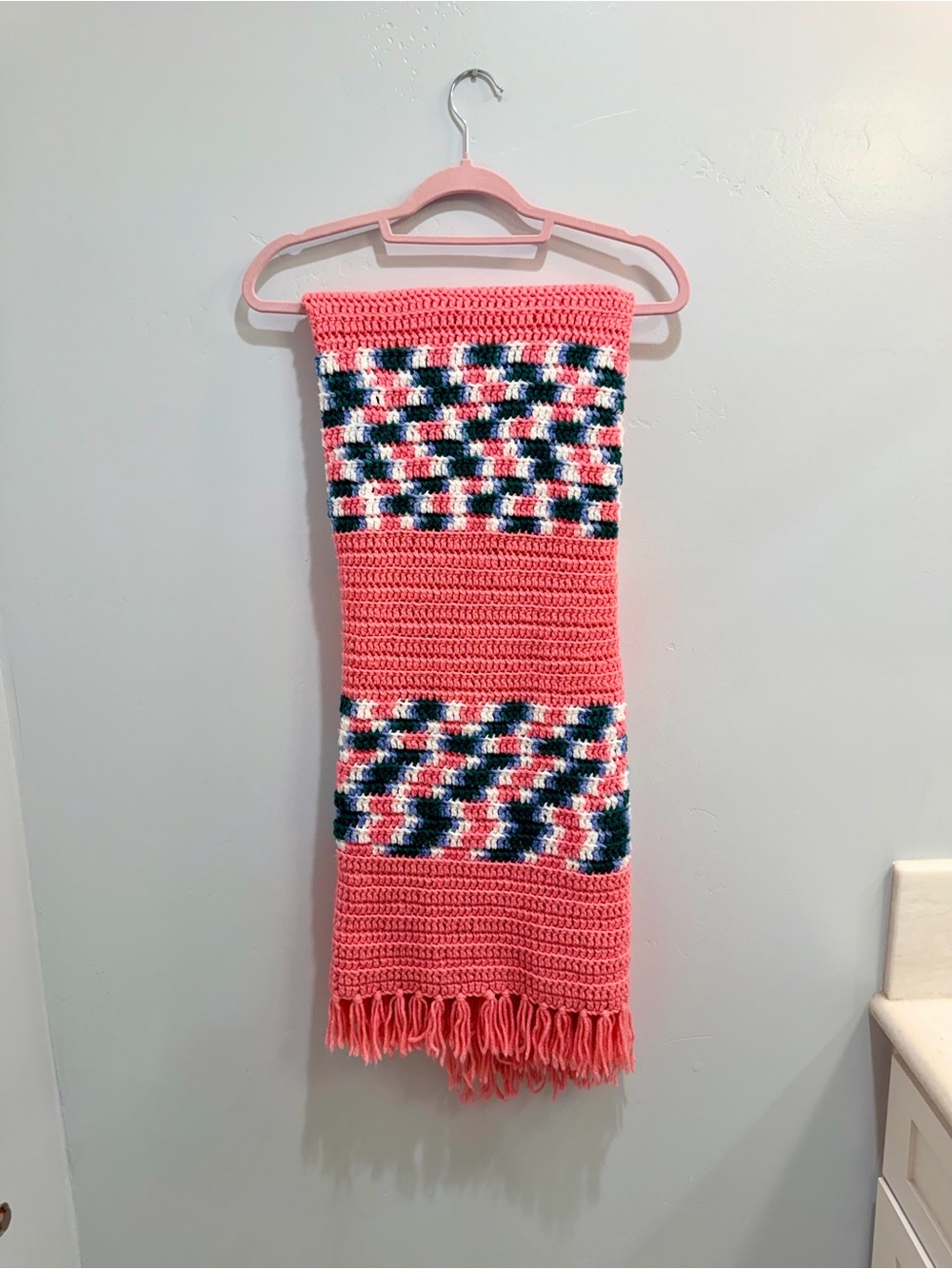 Vintage Handmade Crochet Afghan Blanket Pink Green White Geometric Fringe Boho - Picture 2 of 7